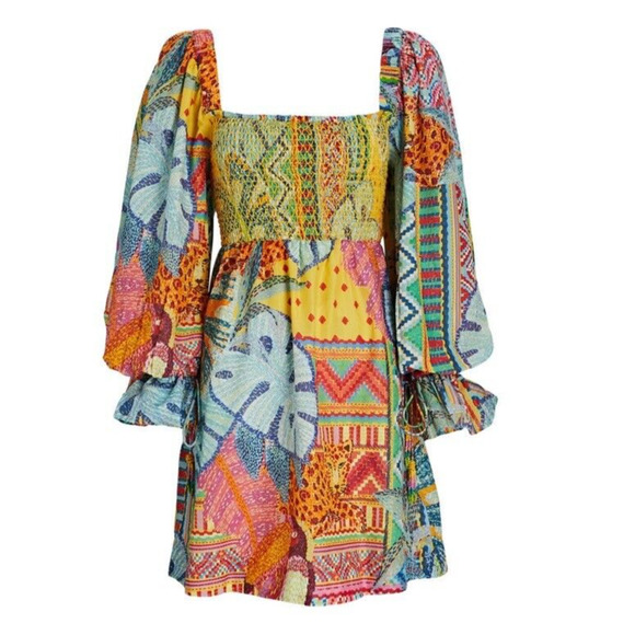FARM Rio Dresses & Skirts - Farm Rio Women's Size L Summer Tapestry Mini Dress Long Sleeve NEW